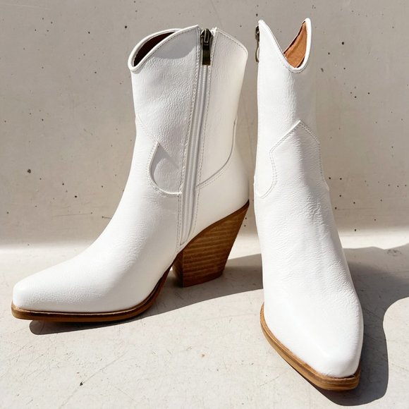 NEW Pointy Toe Stack Block Heel Western Curved Mid Ankle Booties Boots Off White - Picture 4 of 13